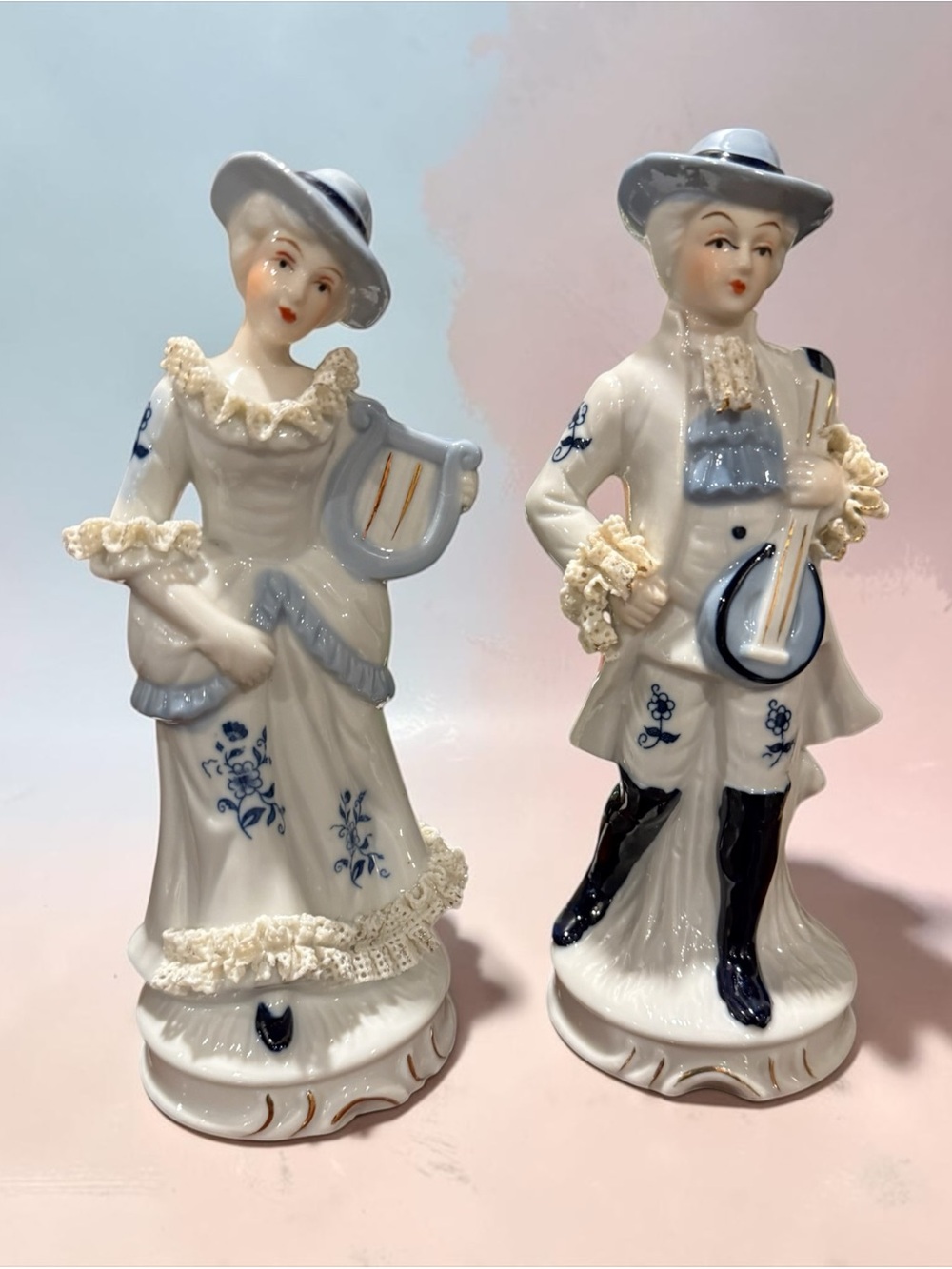 Blue & White Porcelain Musical Couple Figurine Set